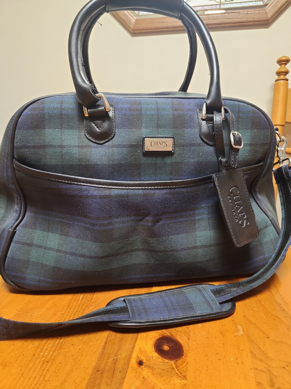 Chaps Ralph Lauren Navy And Green Plaid Satchel Bag Carryon Luggage Vintage